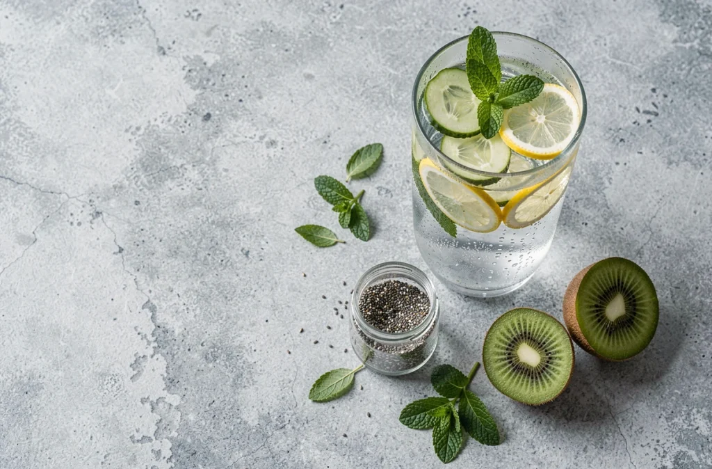 Flat-lay d'une eau infusée concombre menthe citron entourée d'ingrédients sains pour un rééquilibrage alimentaire