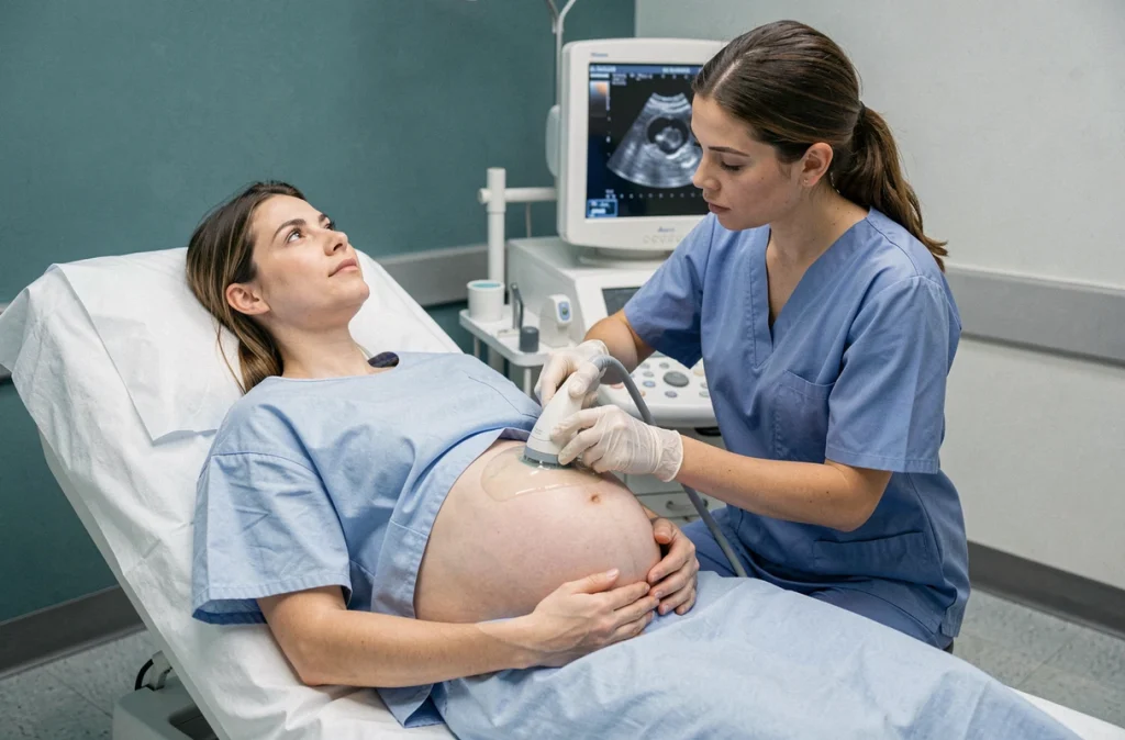 Femme enceinte lors d'une échographie abdominale avec une technicienne médicale en milieu hospitalier