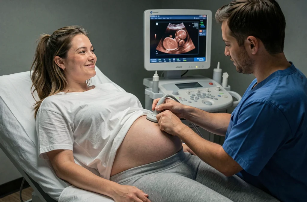 Échographie obstétricale d'une femme enceinte avec une sage-femme visualisant le fœtus sur un écran d'échographe en cabinet médical