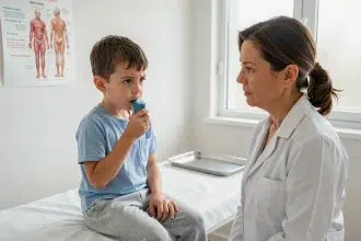 Jeune garçon utilisant un inhalateur pour l'asthme lors d'une consultation pédiatrique