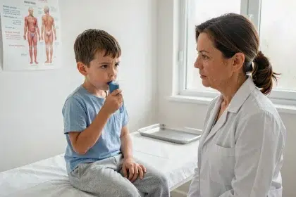 Jeune garçon utilisant un inhalateur pour l'asthme lors d'une consultation pédiatrique