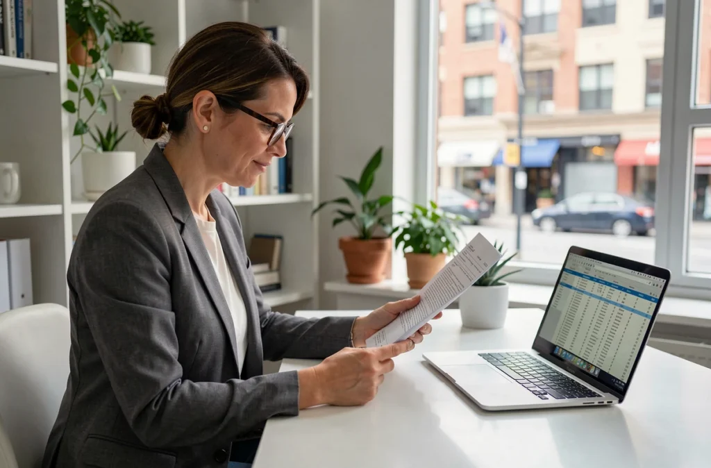 Femme entrepreneur lisant attentivement un contrat d'assurance emprunteur dans un bureau à domicile moderne