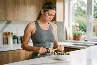 Femme mesurant son tour de taille dans une cuisine moderne en regardant une salade, illustrant les erreurs courantes d'un régime minceur
