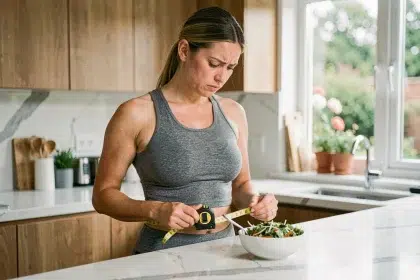 Femme mesurant son tour de taille dans une cuisine moderne en regardant une salade, illustrant les erreurs courantes d'un régime minceur