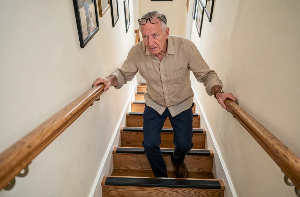 Homme senior descendant un escalier sécurisé avec main courante renforcée et bandes antidérapantes pour réduire les risques de chute