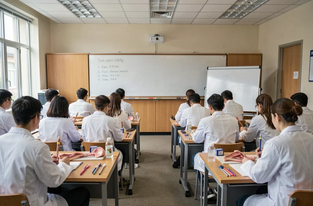 Étudiants en blouse blanche suivant un cours pratique d'anatomie