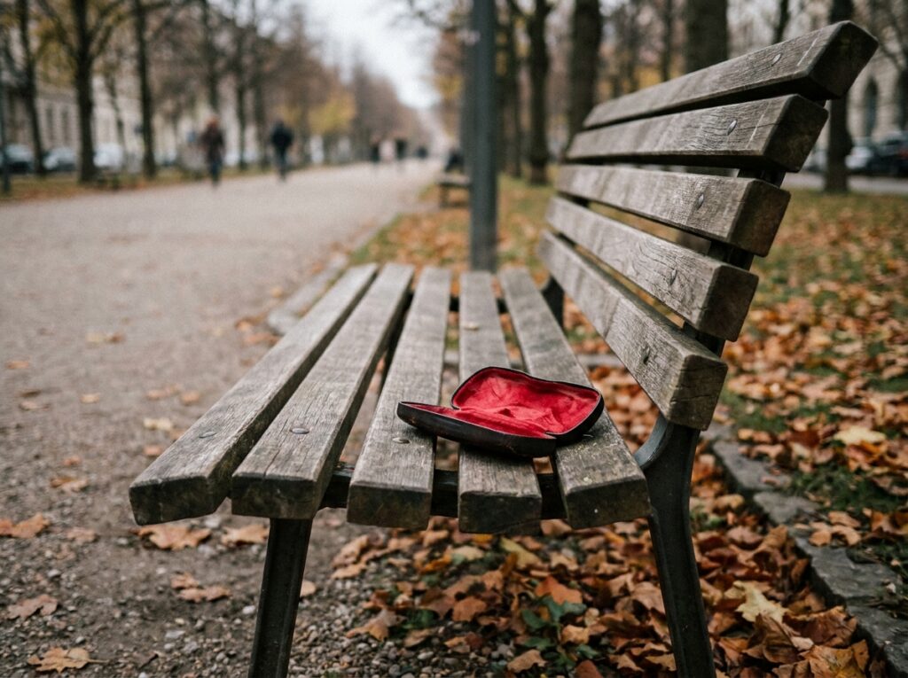 Étui à lunettes ouvert et vide sur un banc de parc, symbolisant la perte ou le vol de lunettes couvert par une assurance optique