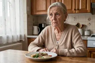 Femme âgée assise devant une assiette à peine touchée, signe précoce de dénutrition chez les seniors