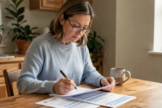 Femme de 40 ans qui analyse ses documents de mutuelle santé à la maison pour choisir une couverture adaptée