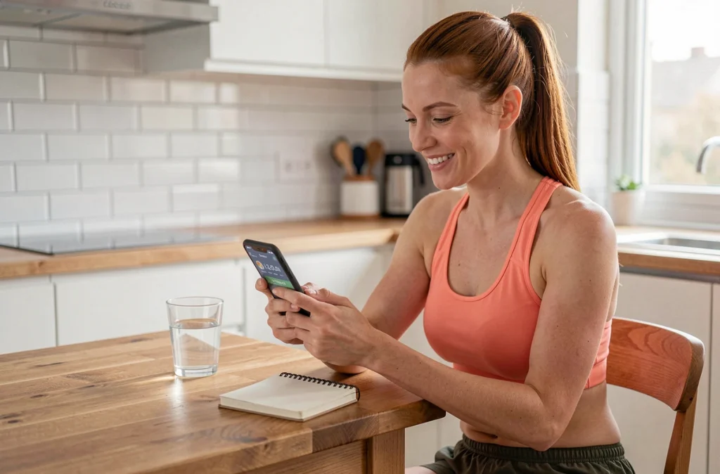 Jeune femme analysant son application de comptage de pas à la maison pour planifier ses objectifs forme