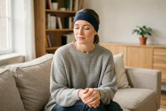 Femme portant un bonnet anti-migraine à gel bleu marine pour soulager une crise de migraine à domicile