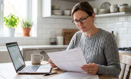 Femme consultant des documents de mutuelle santé sur un ordinateur portable dans une cuisine moderne