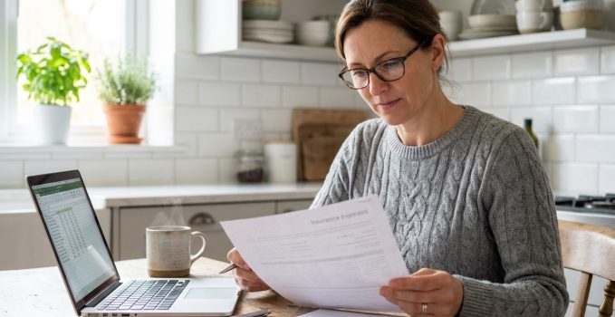 Femme consultant des documents de mutuelle santé sur un ordinateur portable dans une cuisine moderne