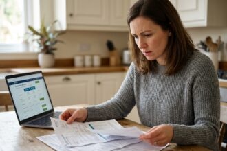 Femme comparant des offres de mutuelle santé à domicile avec des documents et un ordinateur portable
