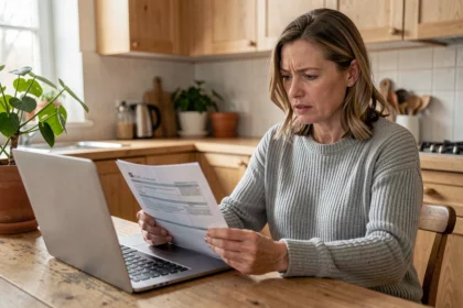 Femme comparant des offres de mutuelle santé sur son ordinateur portable avec des documents papier sur une table en bois