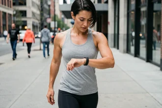 Femme consultant son bracelet connecté pour compter ses pas lors d'une marche en ville