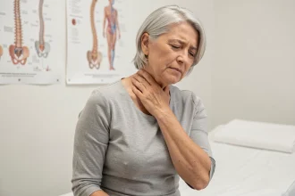 Femme de 55 ans tenant son cou en consultation médicale pour un rétrécissement foraminal cervical C5-C6