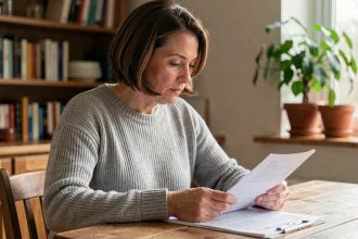 Femme d'une quarantaine d'années consultant des documents médicaux sur la sclérose en plaques à la maison