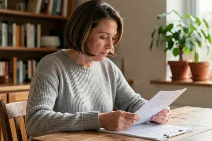 Femme d'une quarantaine d'années consultant des documents médicaux sur la sclérose en plaques à la maison