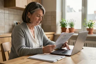 Femme d'une cinquantaine d'années consultant des documents de mutuelle santé sur une table en bois dans une cuisine moderne