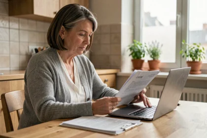Femme d'une cinquantaine d'années consultant des documents de mutuelle santé sur une table en bois dans une cuisine moderne