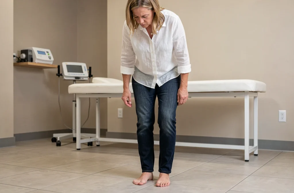 Femme debout pieds nus dans un cabinet de podologie pour une consultation sur le pied égyptien