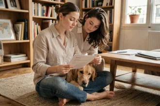 Femme consultant un contrat d'assurance chien avec son golden retriever dans un appartement parisien
