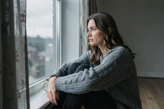 Femme adulte assise près d'une fenêtre pluvieuse, illustrant la dépression saisonnière en hiver