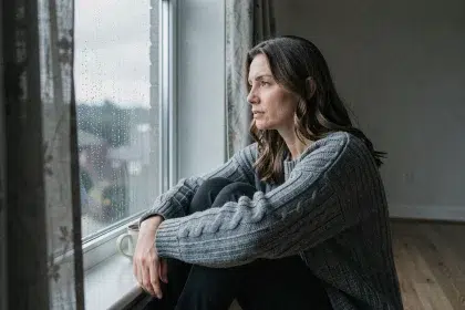 Femme adulte assise près d'une fenêtre pluvieuse, illustrant la dépression saisonnière en hiver