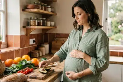 Femme enceinte préparant un repas équilibré avec des légumes frais et des fruits dans une cuisine rustique en bois