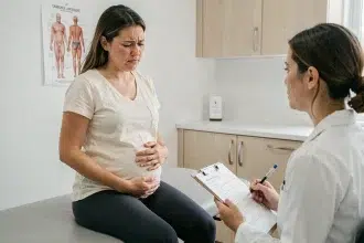 Femme enceinte consultant un médecin pour des douleurs abdominales en cabinet médical