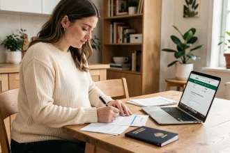 Femme enceinte remplissant des documents administratifs à une table en bois dans un appartement moderne
