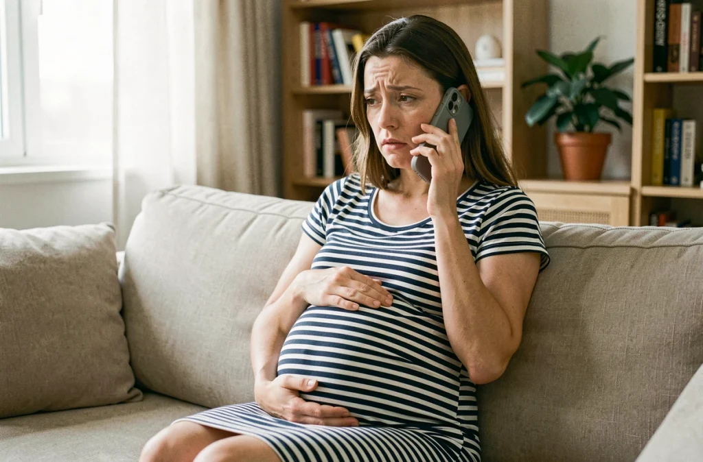 Femme enceinte inquiète assise chez elle tenant son ventre et appelant un médecin