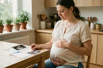 Femme enceinte de jumeaux consultant un calendrier de grossesse gémellaire à la maison