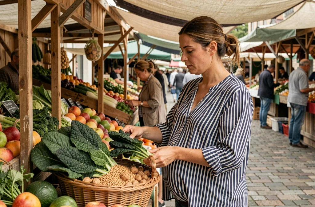 Femme enceinte choisissant des légumes verts frais et des fruits au marché en plein air avec un panier en osier