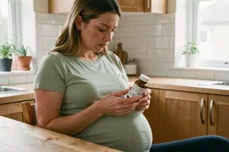 Femme enceinte lisant attentivement l'étiquette d'un médicament dans sa cuisine, illustrant les précautions à prendre durant la grossesse