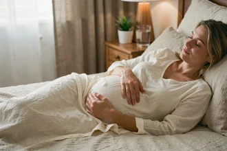 Femme enceinte dormant paisiblement sur le côté dans un lit douillet, main posée sur le ventre, ambiance chambre cosy