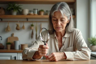 Femme d'âge mûr examinant une verrue séborrhéique sur son avant-bras avec une loupe dans une cuisine traditionnelle