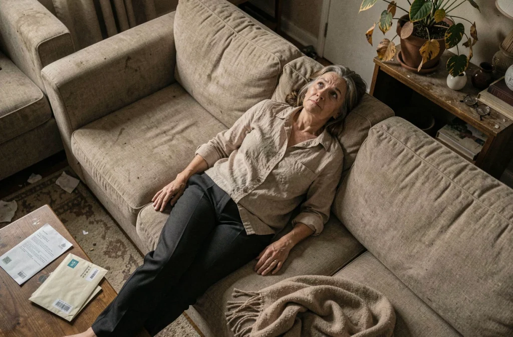 Femme adulte allongée sur un canapé en hiver, représentant la fatigue et la dépression saisonnière à domicile