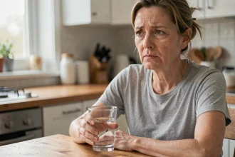 Femme fatiguée tenant un verre d'eau dans sa cuisine, symptôme précoce du diabète comme la soif excessive et la fatigue