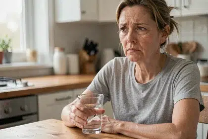 Femme fatiguée tenant un verre d'eau dans sa cuisine, symptôme précoce du diabète comme la soif excessive et la fatigue