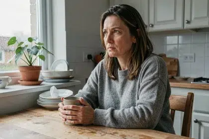 Femme seule à une table de cuisine tenant une tasse, regard perdu vers la fenêtre sous la pluie, illustrant l'isolement social et la santé mentale