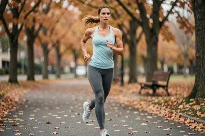 Femme en tenue de sport faisant du jogging dans un parc urbain en automne pour atteindre ses objectifs minceur