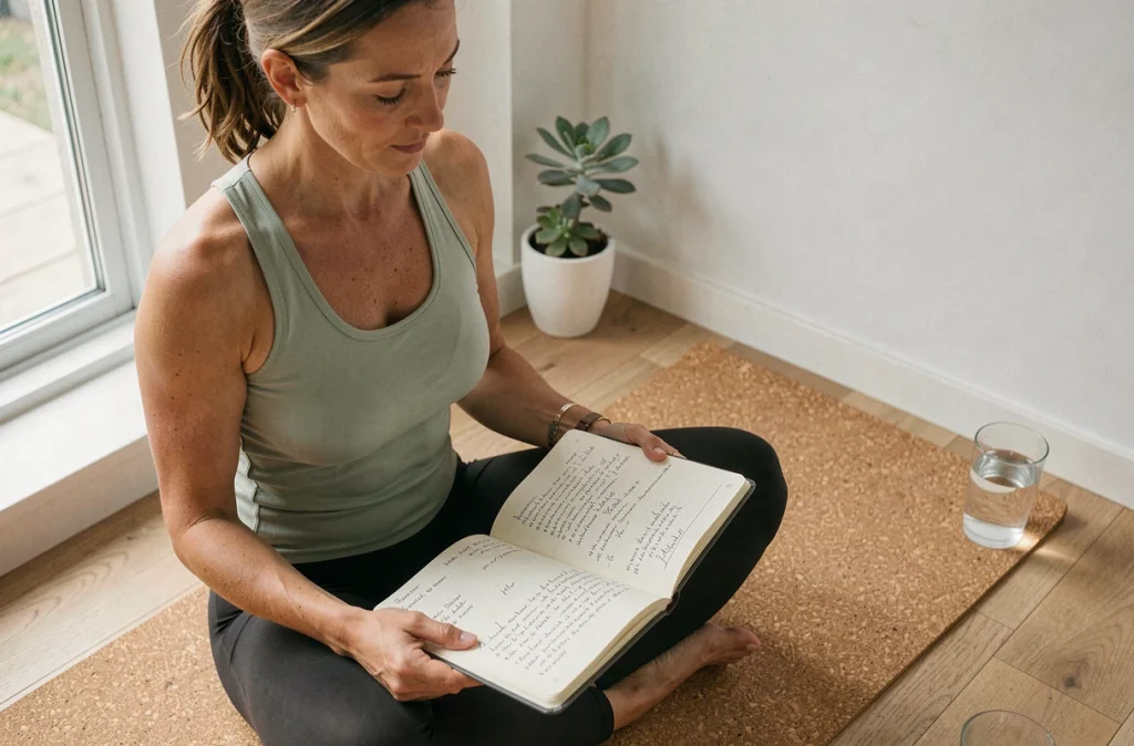 Femme consultant son journal de fitness et nutrition sur un tapis de yoga à la maison pour planifier ses objectifs minceur