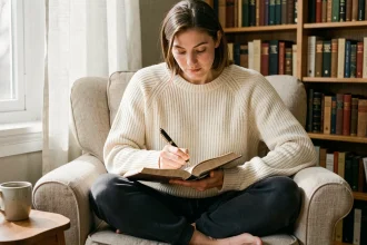 Femme pratiquant le journaling dans un fauteuil confortable, écrivant dans un journal personnel pour améliorer sa santé émotionnelle