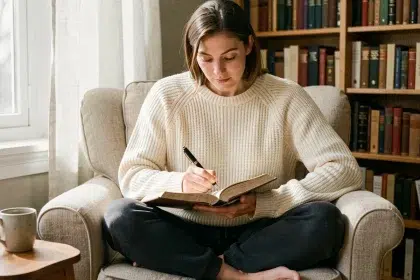 Femme pratiquant le journaling dans un fauteuil confortable, écrivant dans un journal personnel pour améliorer sa santé émotionnelle