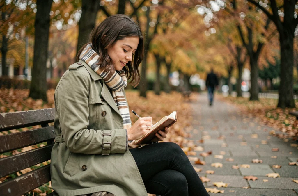 Jeune femme écrivant dans son journal intime sur un banc de parc en automne, illustrant les bienfaits du journaling sur la santé émotionnelle