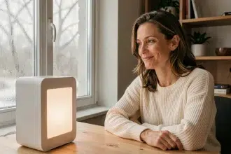 Femme utilisant une lampe de luminothérapie à son bureau en hiver pour améliorer son humeur