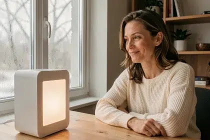 Femme utilisant une lampe de luminothérapie à son bureau en hiver pour améliorer son humeur