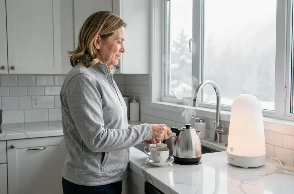 Femme utilisant une lampe de luminothérapie dans sa cuisine le matin en hiver